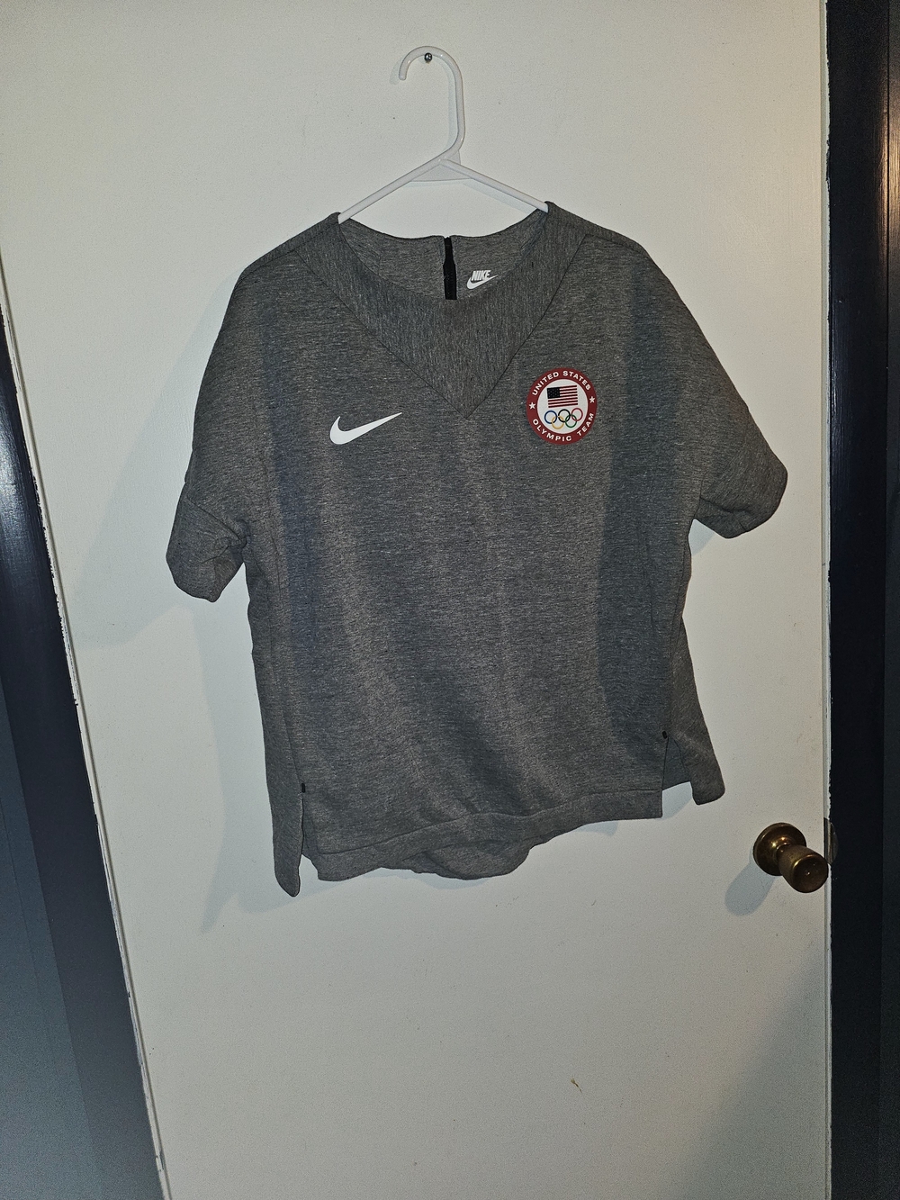 Nike Gray Short Sleeve Olympic Logo Sweatshirt with White Swoosh